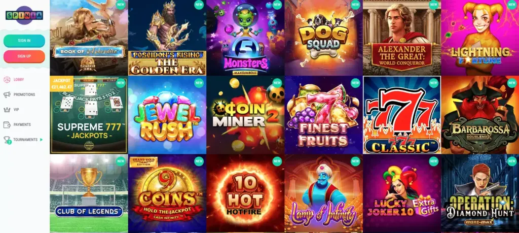 Free Video Slots at Spinia Casino