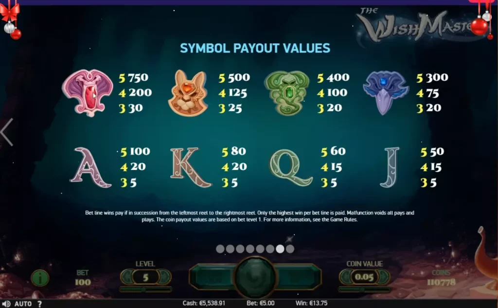 Paytable in The Wish Master slot