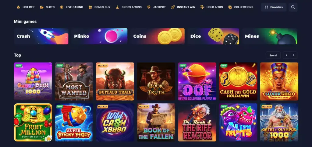 Lobby with games and slots